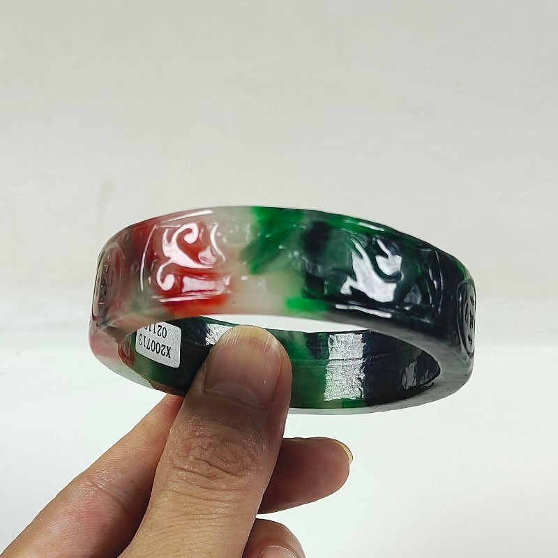 61mm Real Natural Ice Multicolor Burmese Jade jadeite Carving Bracelet Bangle