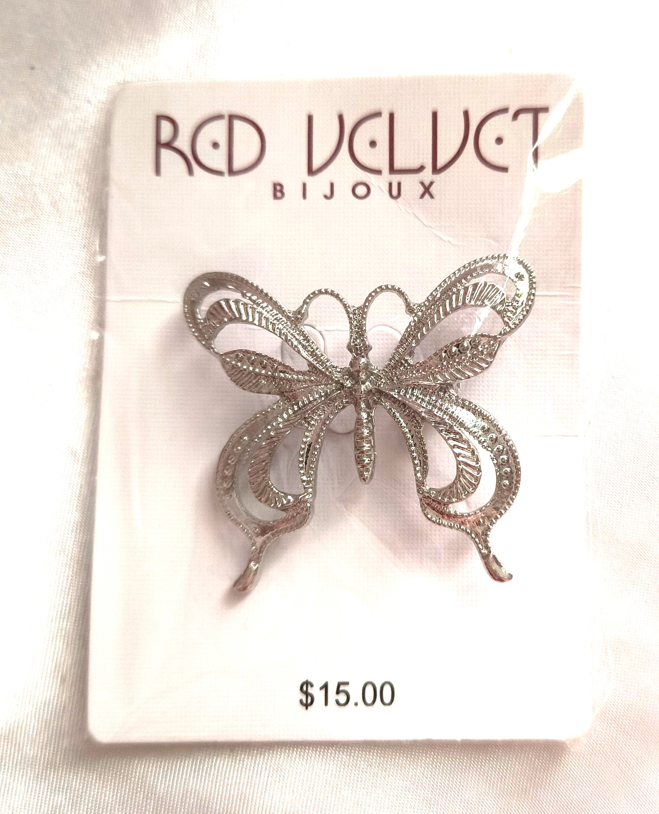 NEW Red Velt by Bijoux Women’s Jewelry Brooch Silvertone Butterfly 1.25″ x 1.25″