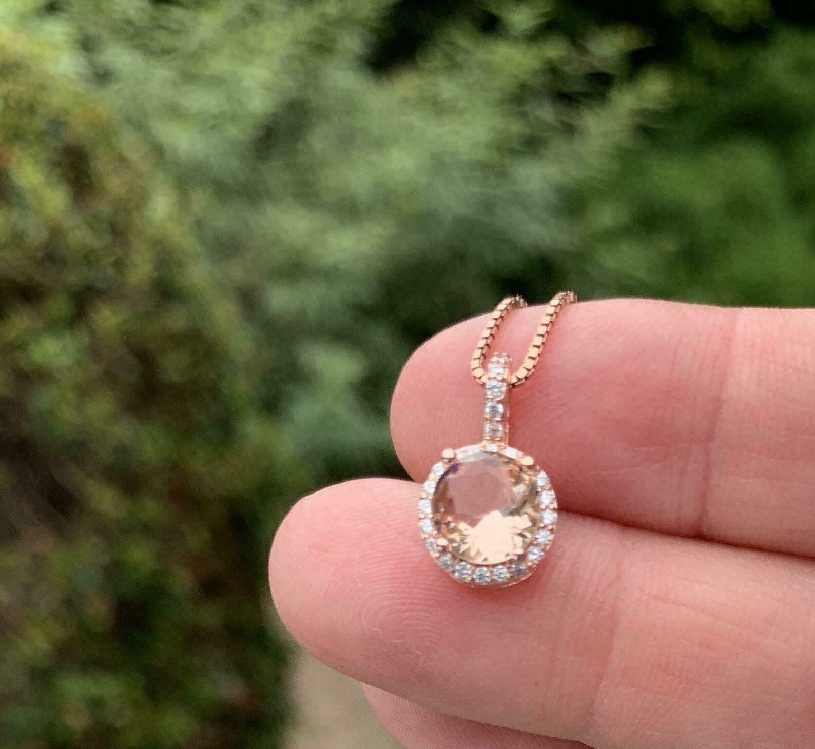 2Ct Round Cut Morganite Diamond Halo Pendant 14K Rose Gold Finish 18″ Free Chain