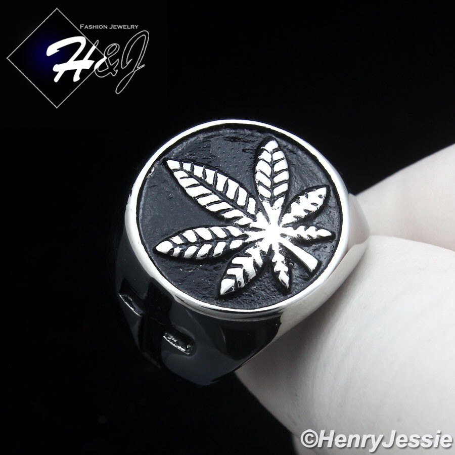 MEN Stainless Steel Black/Silver/Gold Plated Marijuana Leaf Cross Round Ring*150