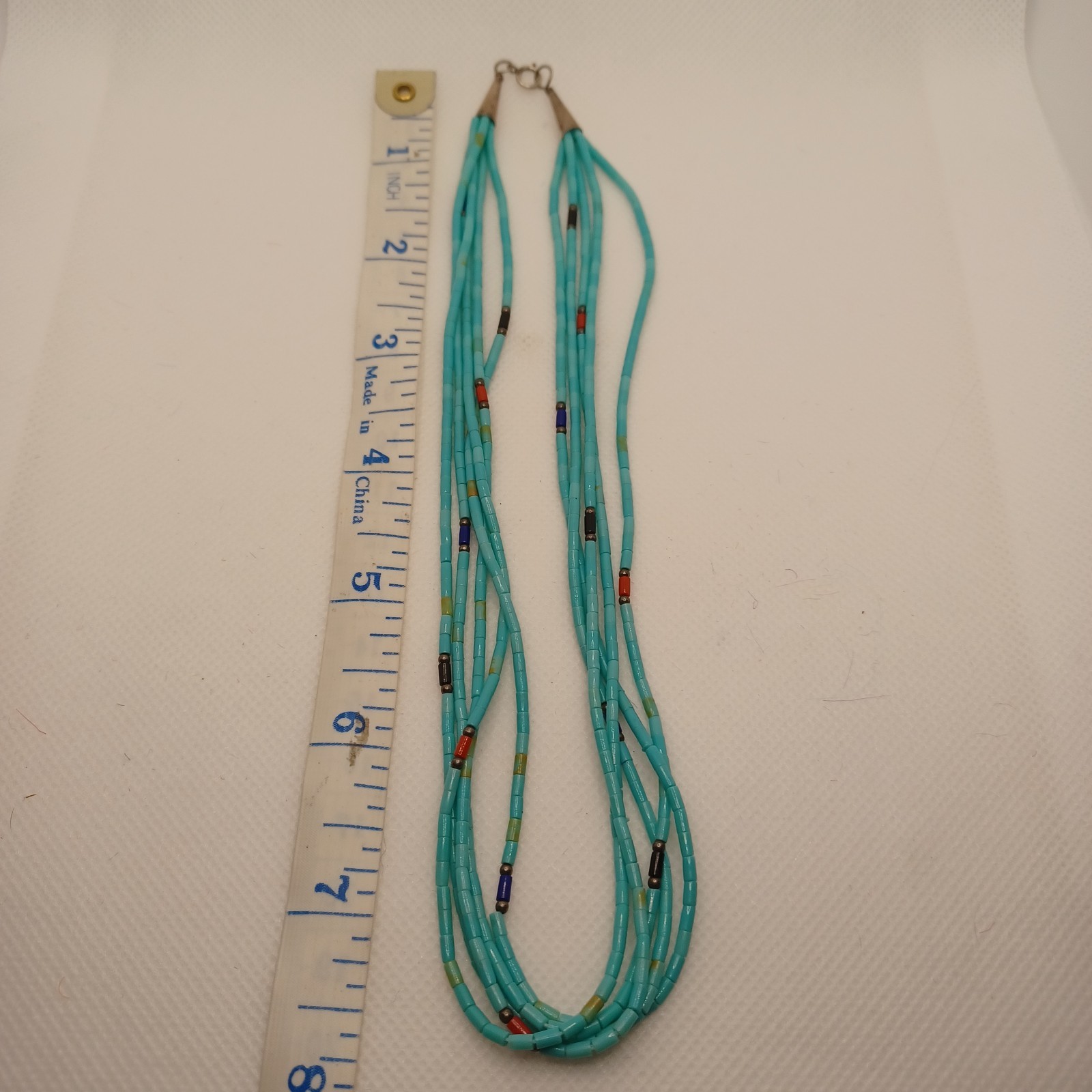 Blue Turquoise 5 strand Navajo Liquid Sterling Silver Necklace 16” sunrise mark