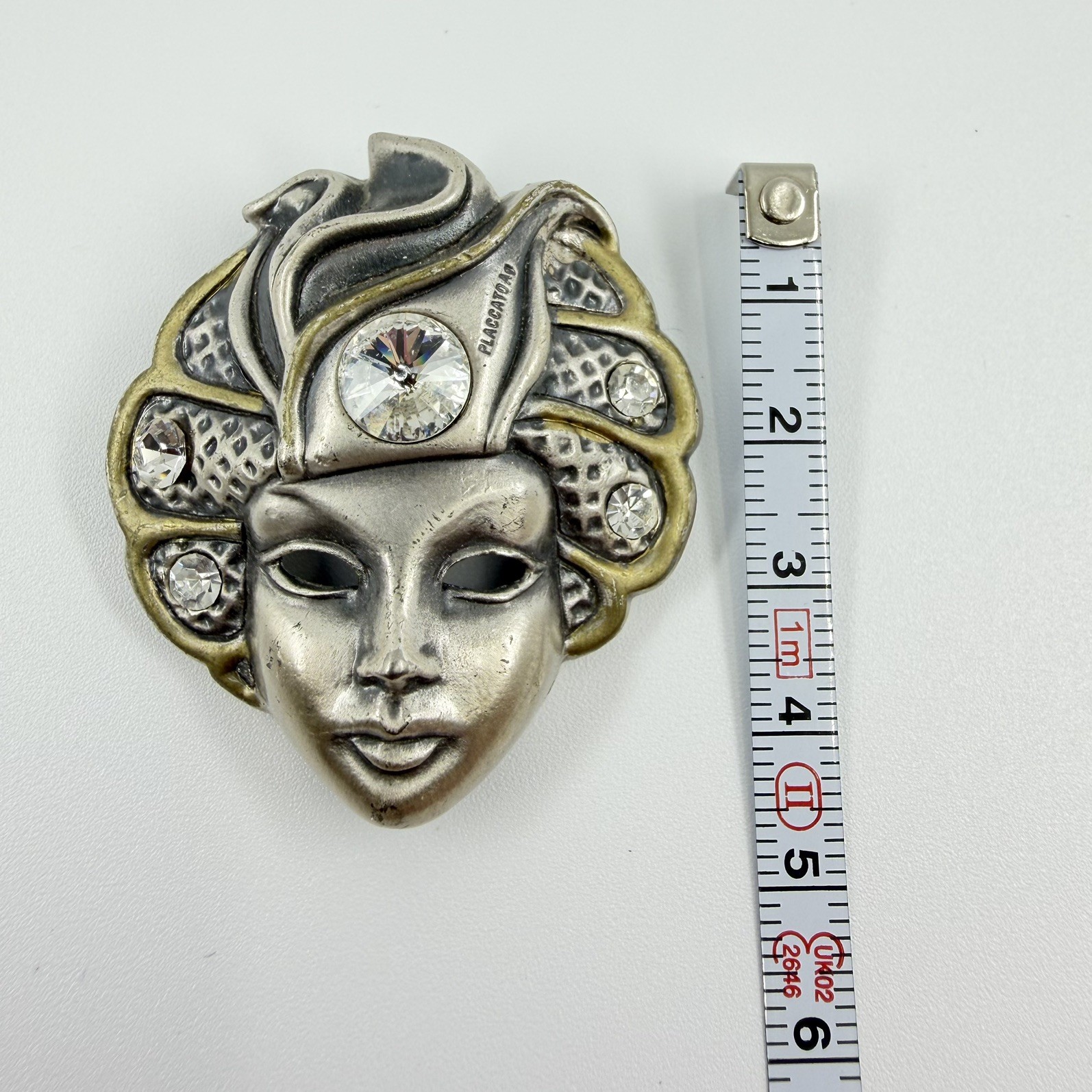 Rare Signed Placcato Ag Carnival Mask Pewter Vintage Rhinestone Brooch Pin