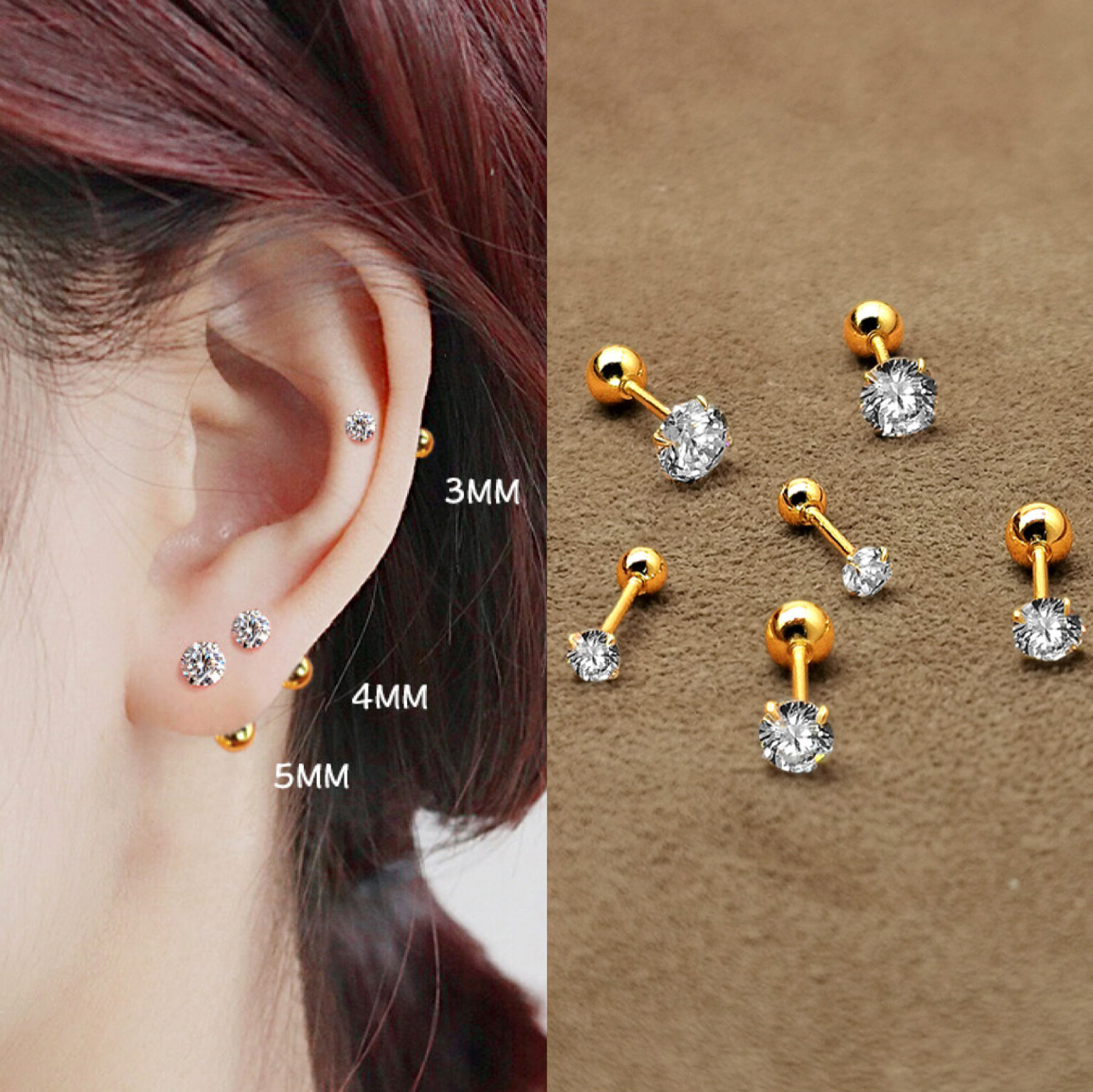 Womens Silver Gold Black Red CZ Stone Stud Earrings Screw Back Surgical Steel