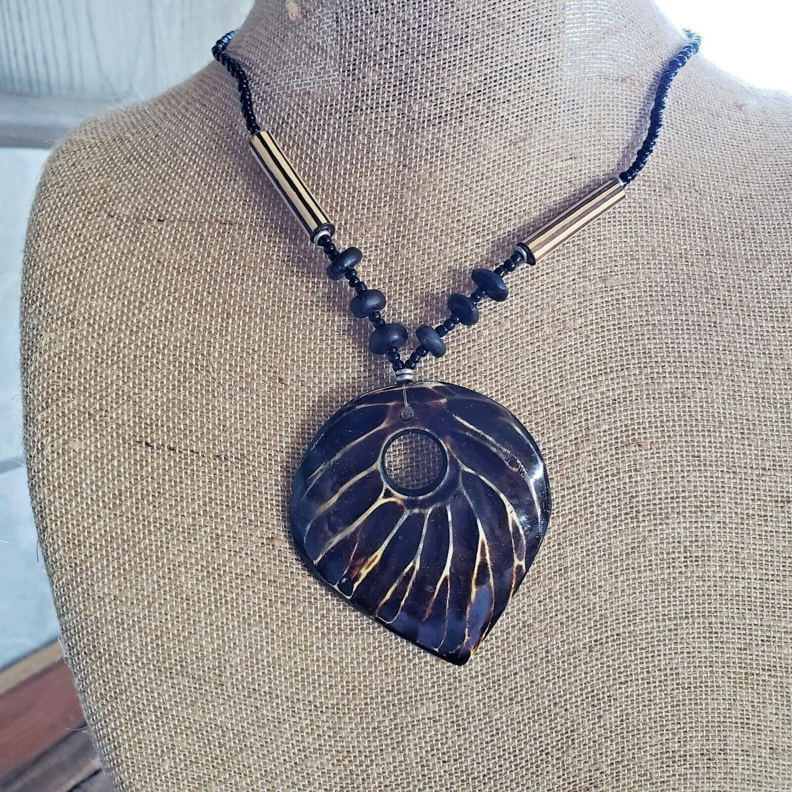 African- Handmade Bead/Horn Pendant Necklace- 18″-Black/brown- Kenya – a1