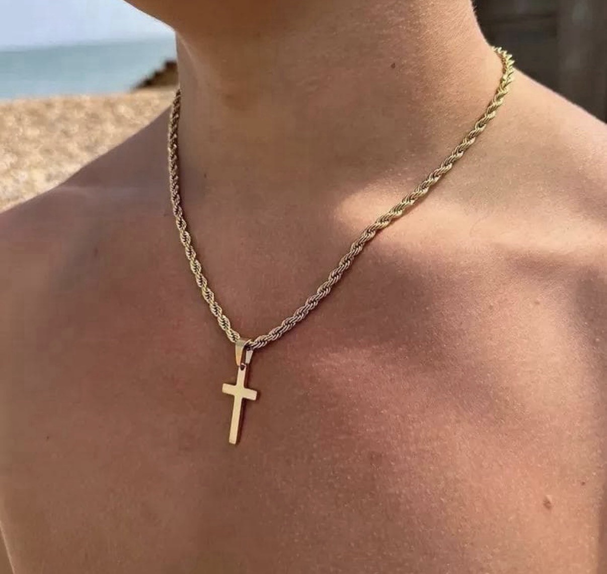 Men’s Gold Cross Necklace Stainless Steel Rope Chain 22.4” Pendant Jewelry