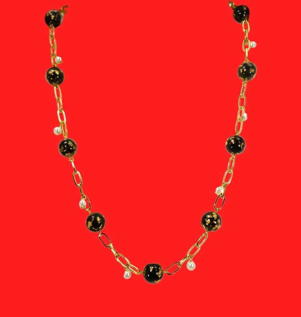 Black and gold leaf bead necklace with white pearls and gold link chain New