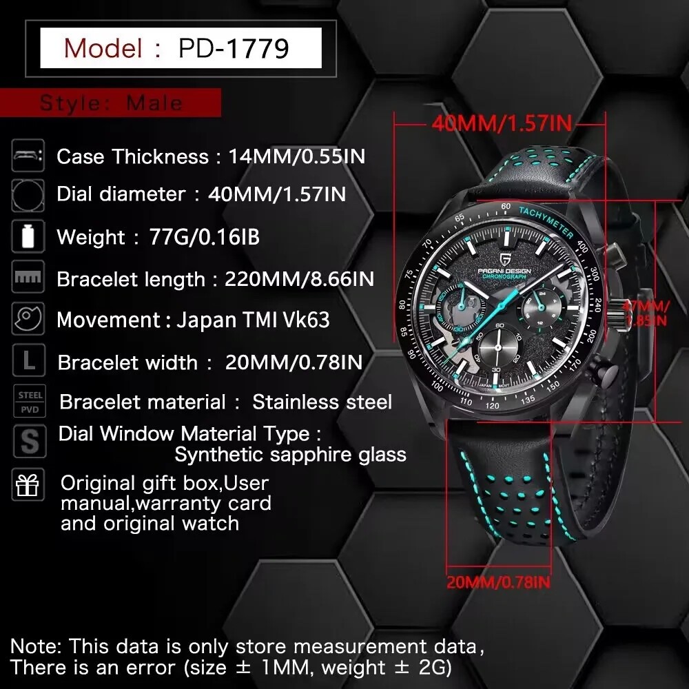 PAGANI DESIGN PD-1779 Moon Watch, Skeleton Sport Chronograph for Men, Waterproof