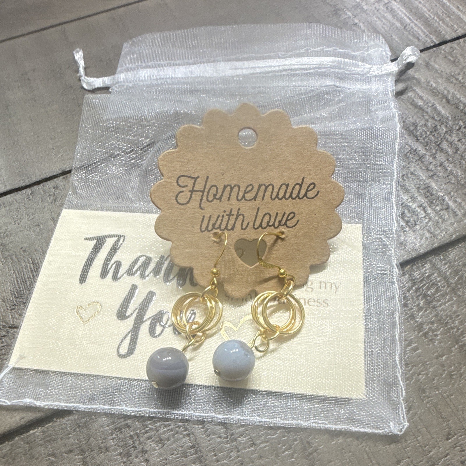 Handcrafted Yellow Gold Plated Dangle/Drop Earrings w/ Gray Round Stones, Hook