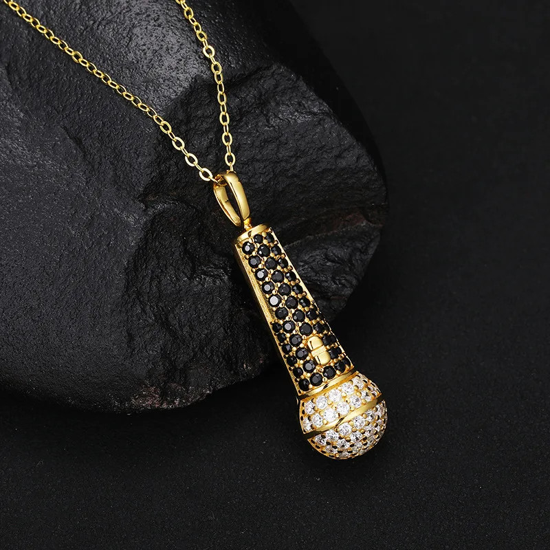 Iced Out Microphone Moissanite Pendant Necklace 18K Gold VVS1 Hip Hop Bling