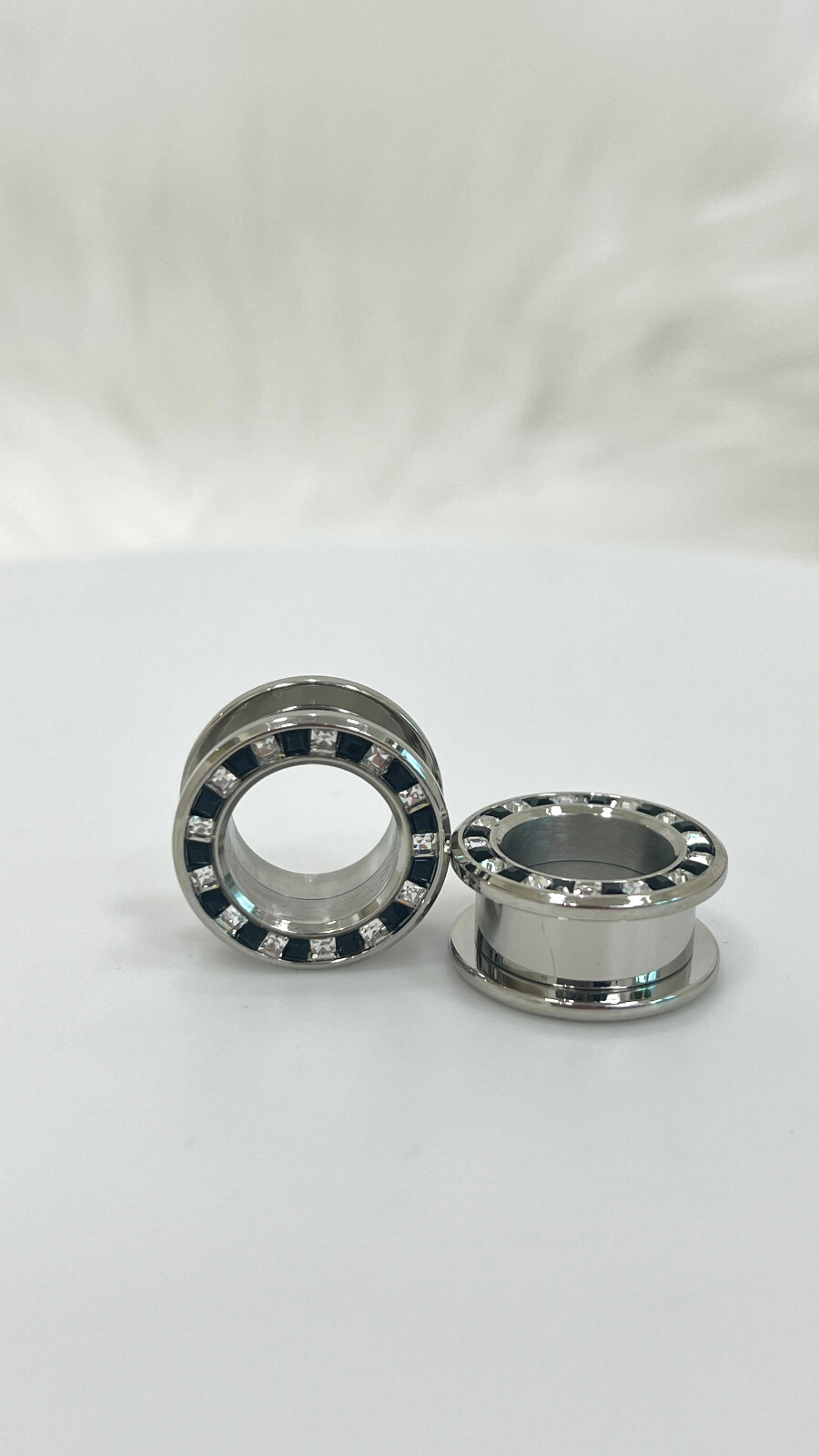 Pressed Rimmed Surgical Steel Black Clear CZ Screw Tunnel Ear Plugs – Sold Pair