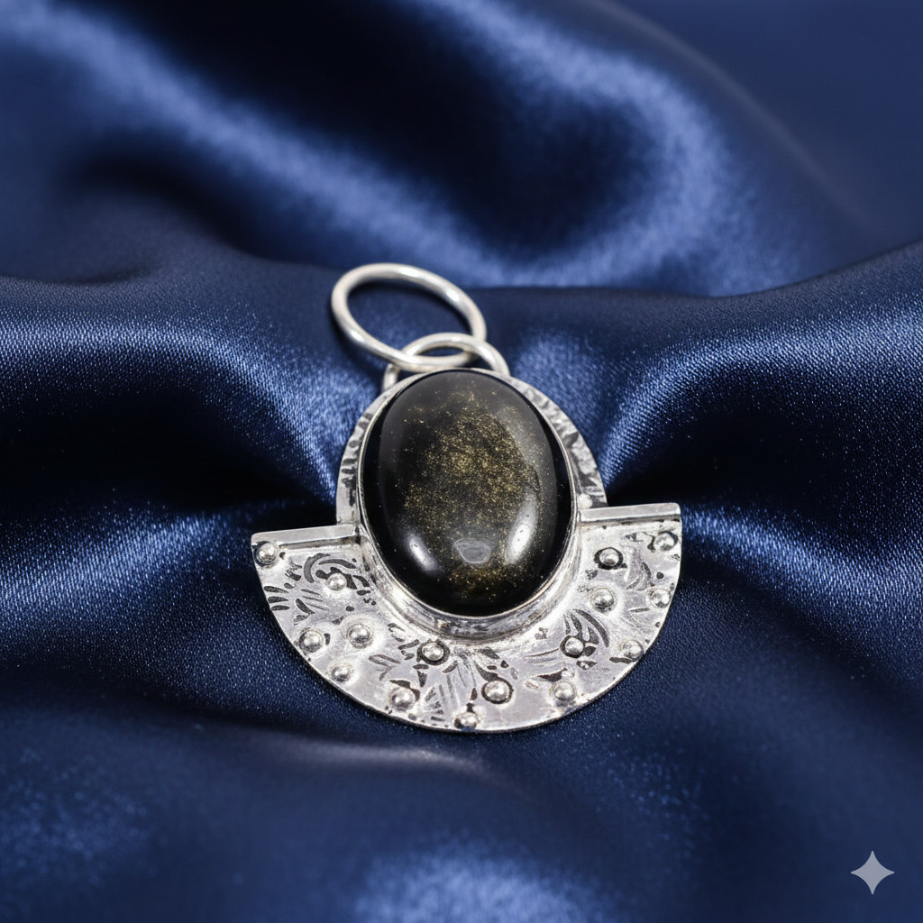 Golden Sheen Obsidian Gemstone Oval Vintage Handmade Jewelry Pendant 2″ AAP-794