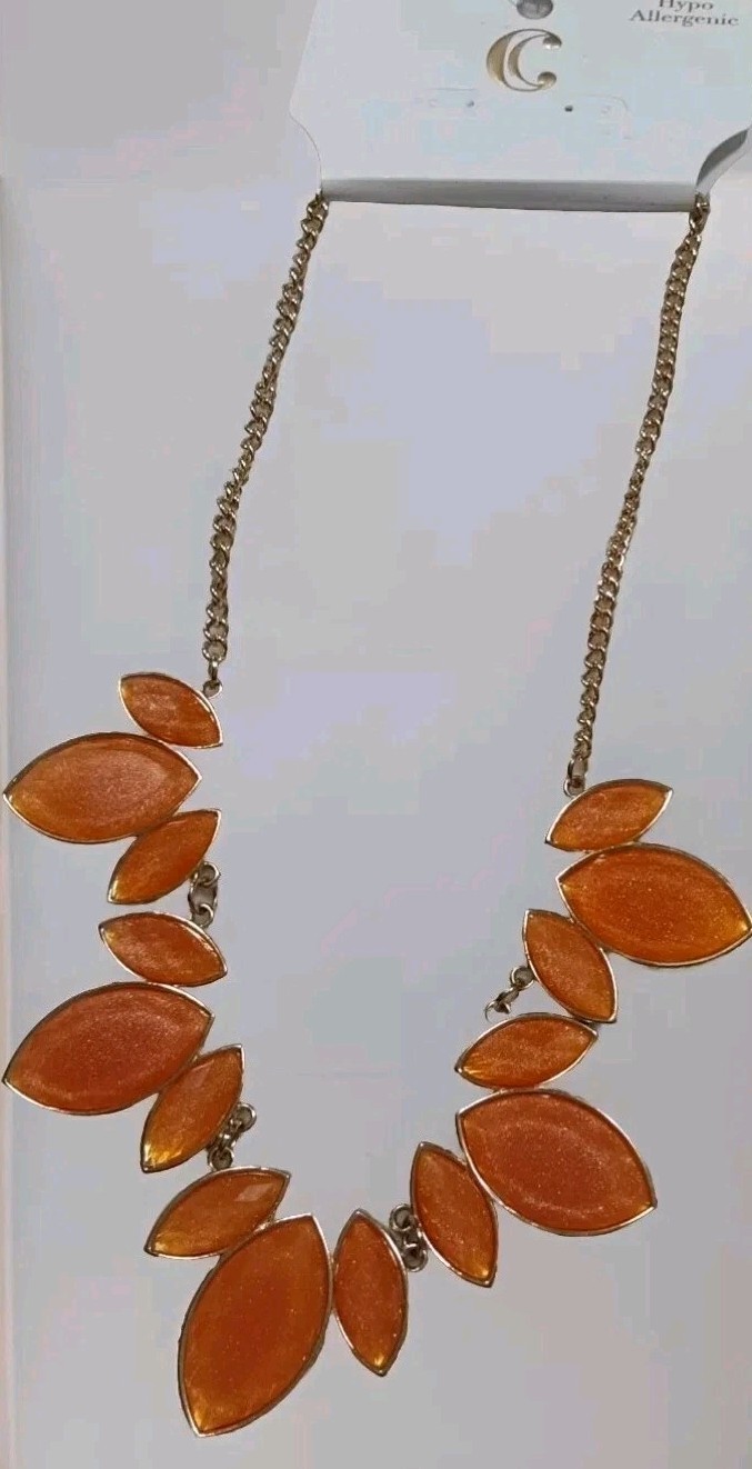 Opalescent Orange marquis necklace vintage goldtone hypo allergenic gift NWT