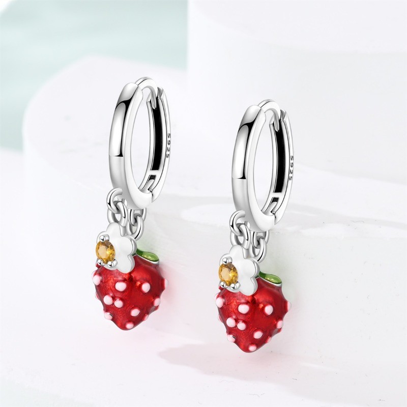 PANDACH 925 Sterling Silver Sweet Strawberry Dangle Earrings Girls Birthday Gift
