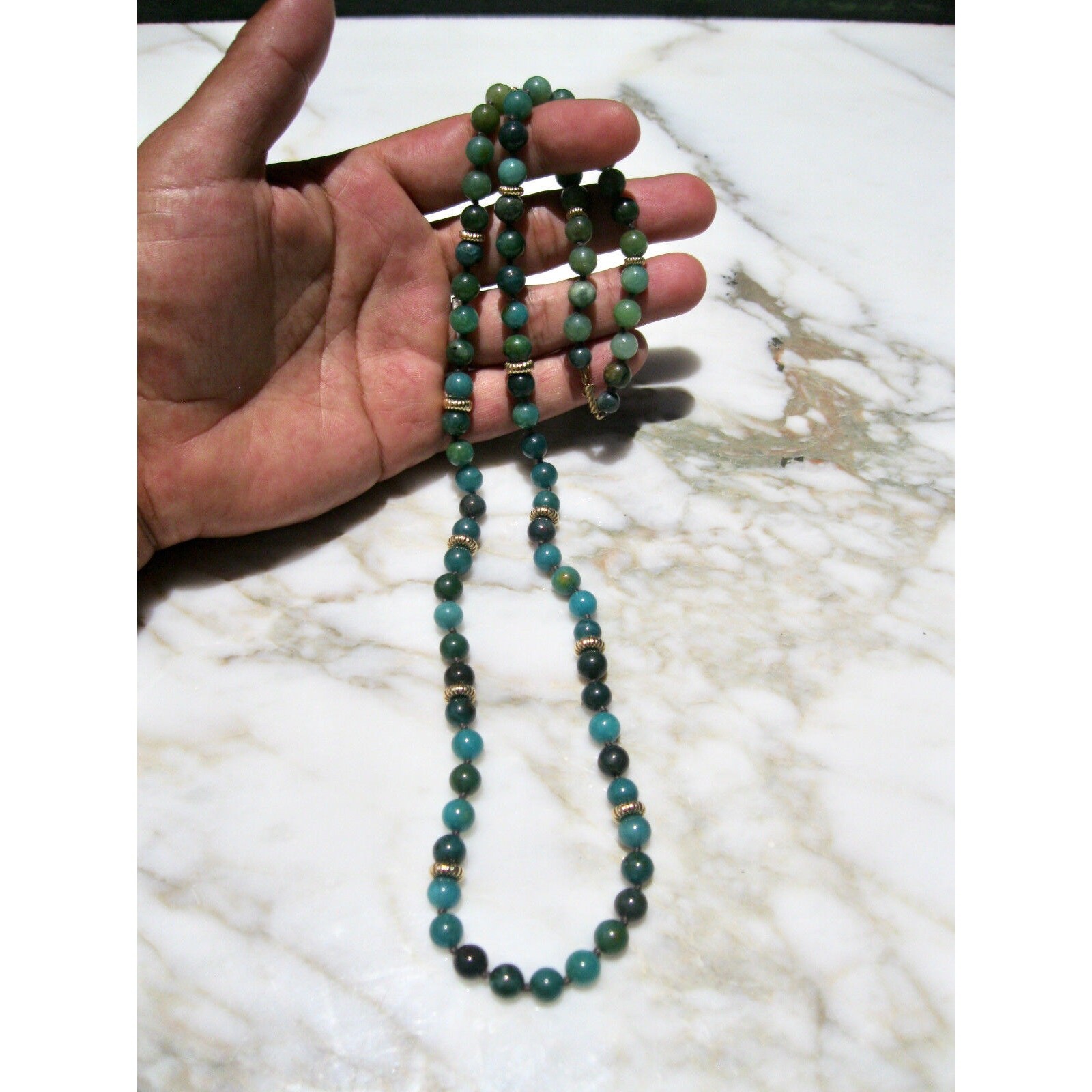 MID CENTURY GREEN / BLUE PERUVIAN OPAL 14K YELLOW GOLD BEADED 29 1/2″ NECKLACE