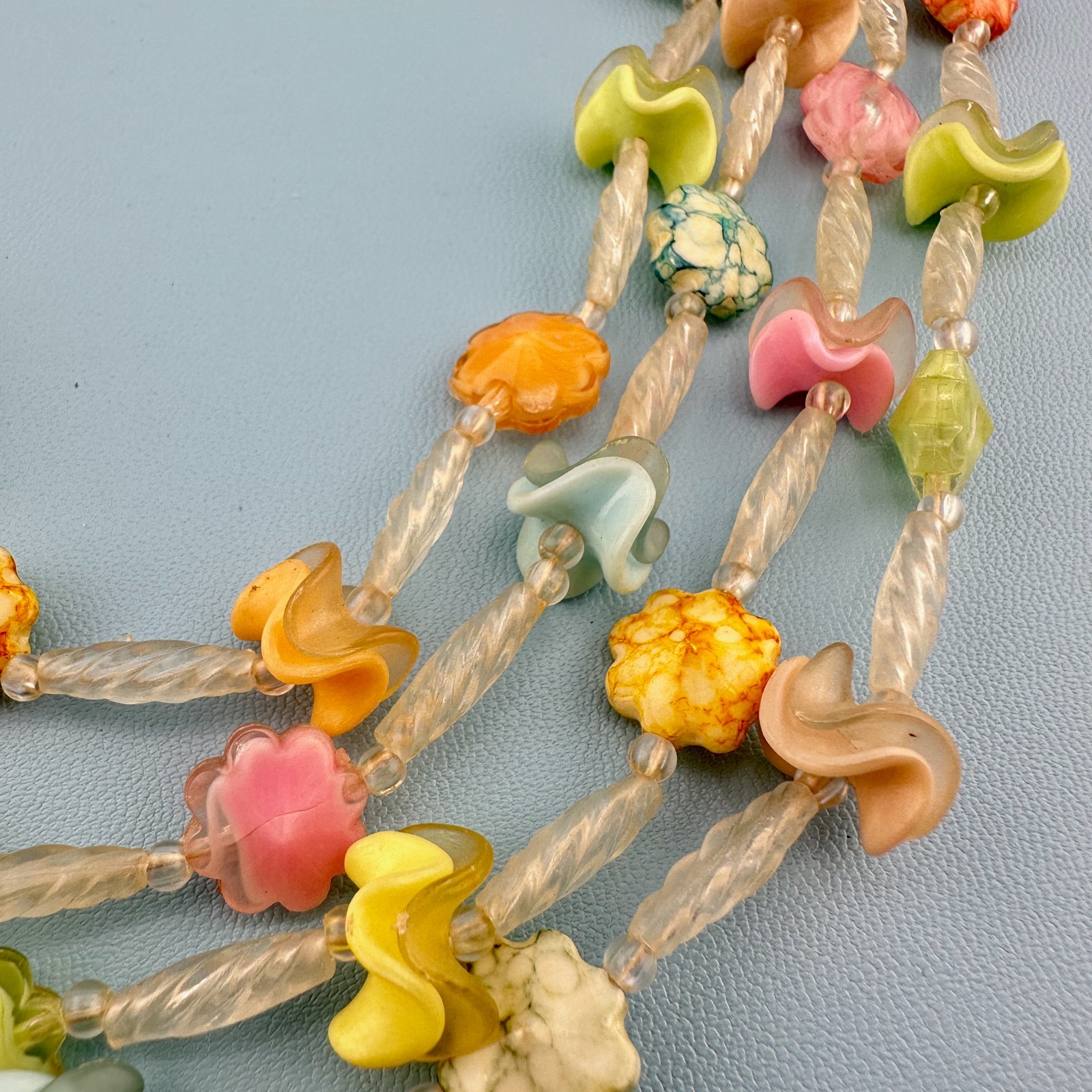 Vintage Plastic Flower Ruffle Bead Multi Strand Necklace Earrings Pastel Colors