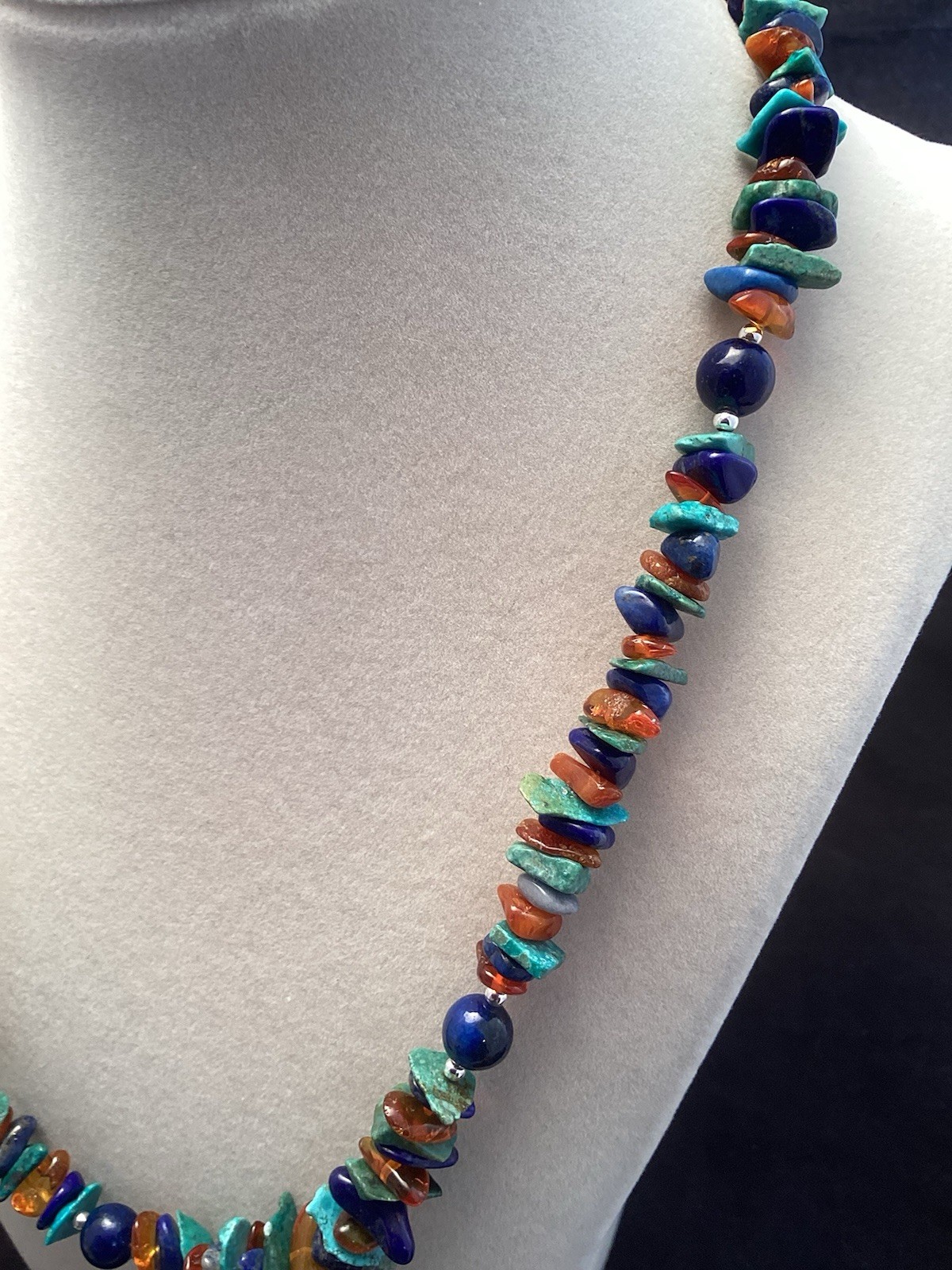 Sterling Silver Turquoise Round Lapis And Amber Chip Beaded Necklace 20.5”