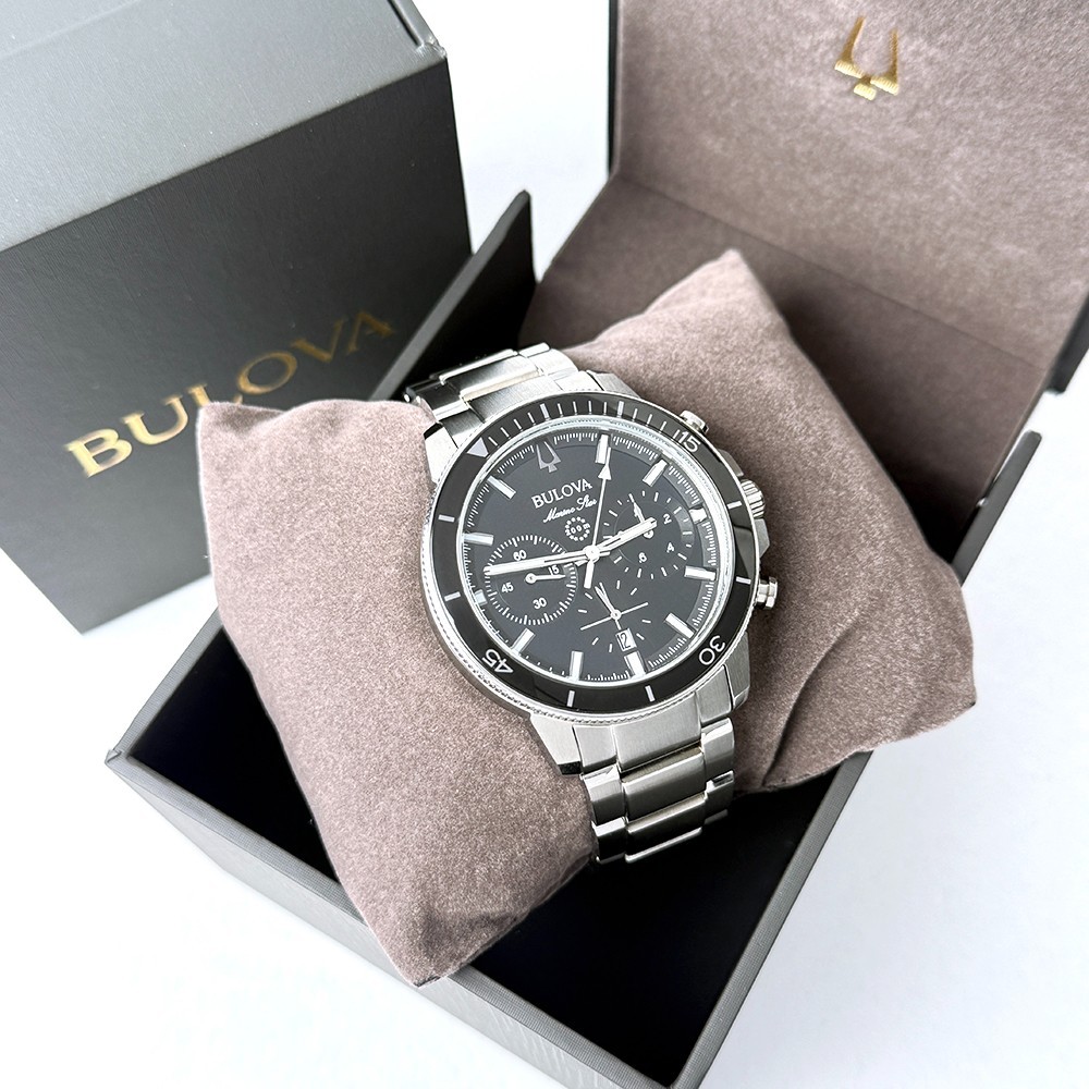 Men’s Bulova 96B272 Marine Star Series C Quartz Stainless Black Dial Watch 45mm