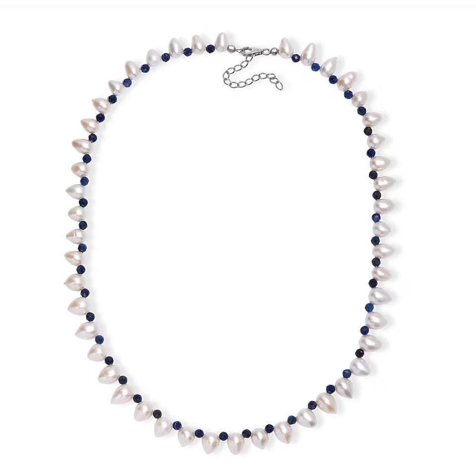 Freshwater Pearl Lapis Lazuli Necklace in Rhodium Over Sterling Silver 18 Inches