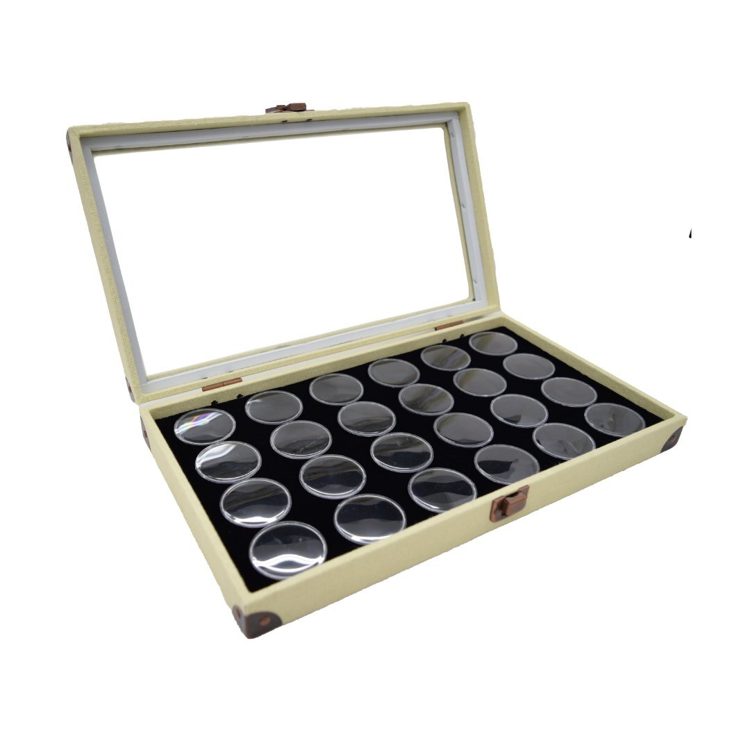Novel Box Glass Top Linen Metal Clasp Jewelry Display Case With Gem Jar Insert