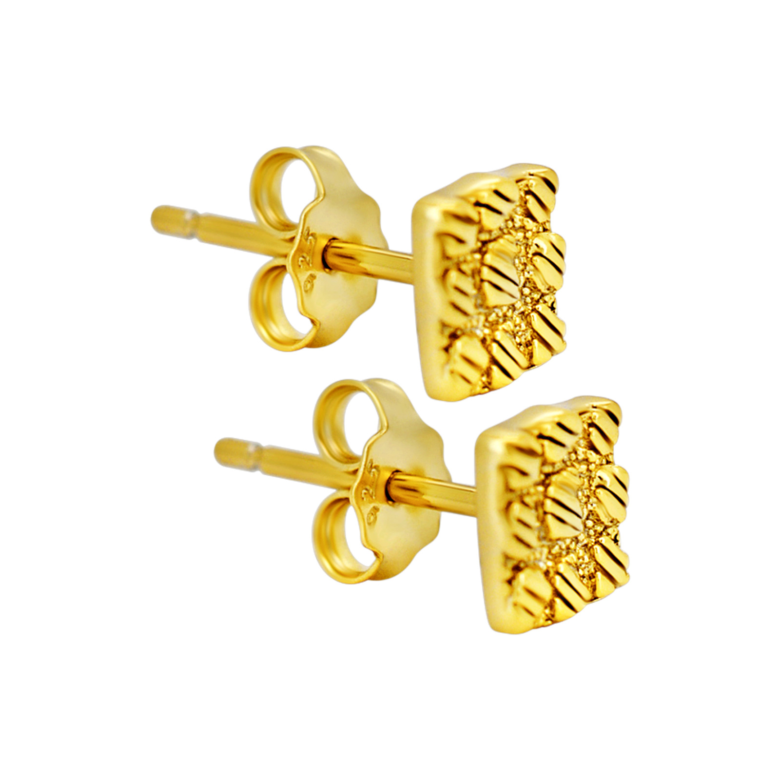 .925 Sterling Silver Gold Plated Nugget Square Shape Stud Earrings