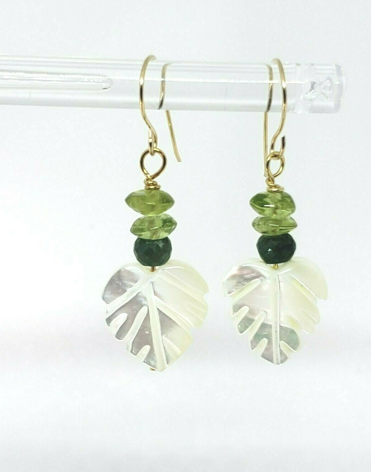 14k Yellow Gold White Iridescent Shell Leaf and Green Sapphire Dangle Earrings