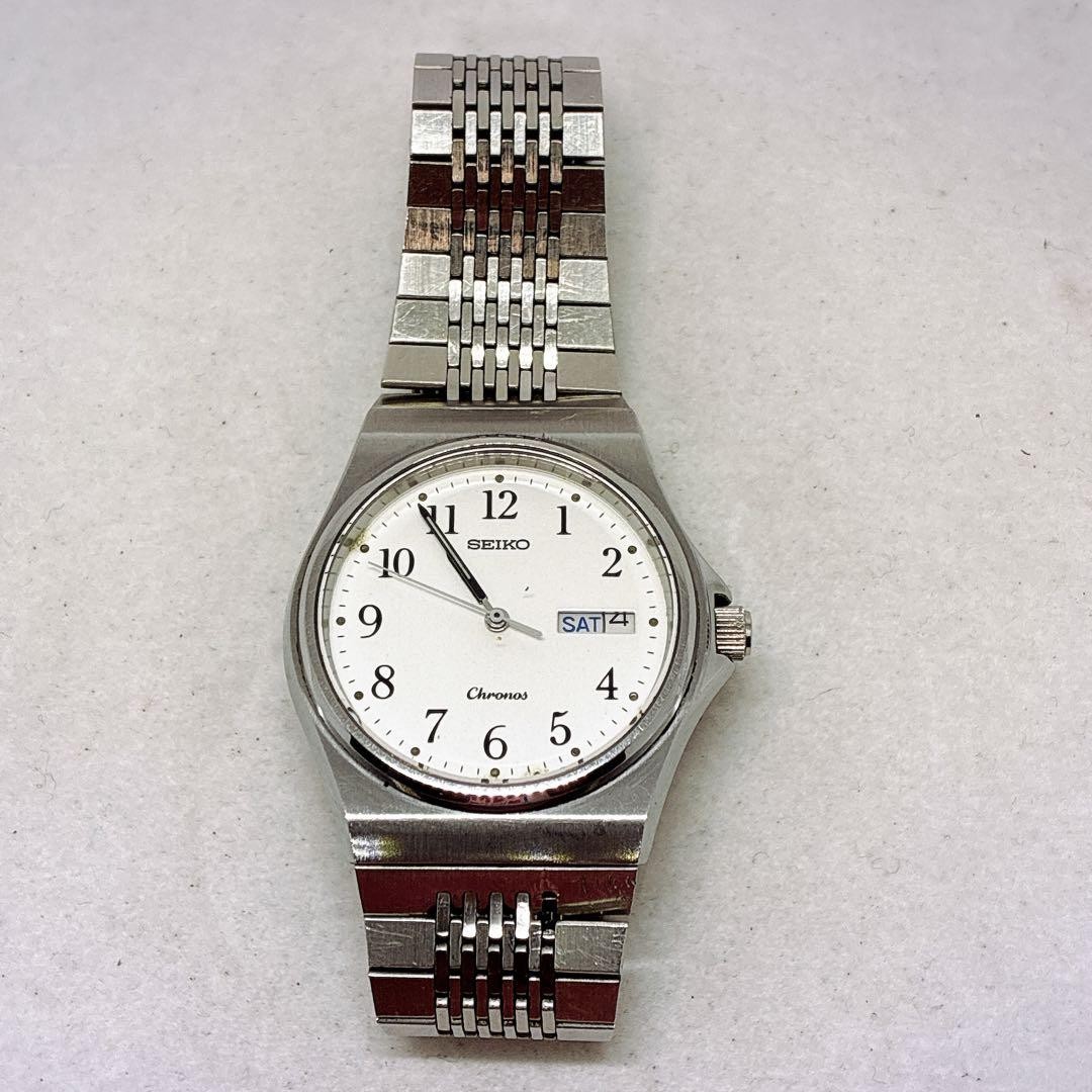 [Rare] SEIKO 5H23-7020 Day-Date Quartz Silver Watch, Working Condition