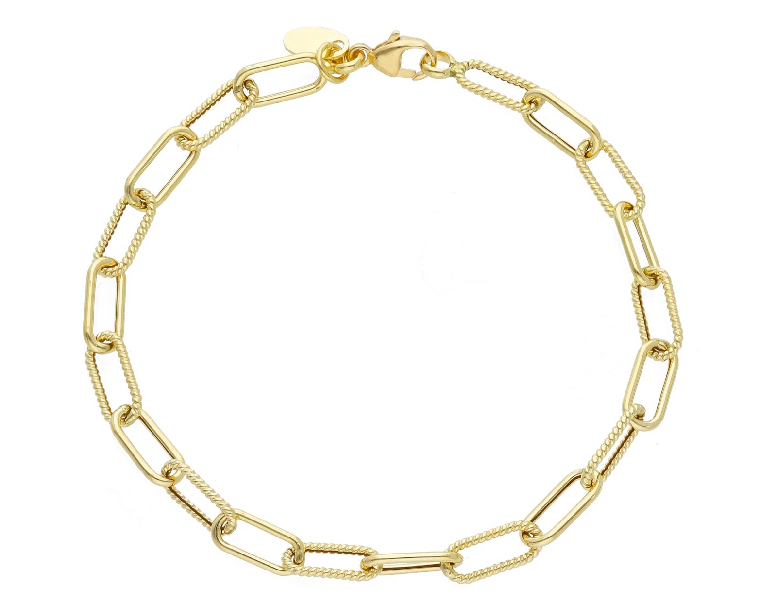 18K YELLOW GOLD BRACELET PAPER CLIP 4x10mm ALTERNATE STRIPED SMOOTH OVALS, 7.1″