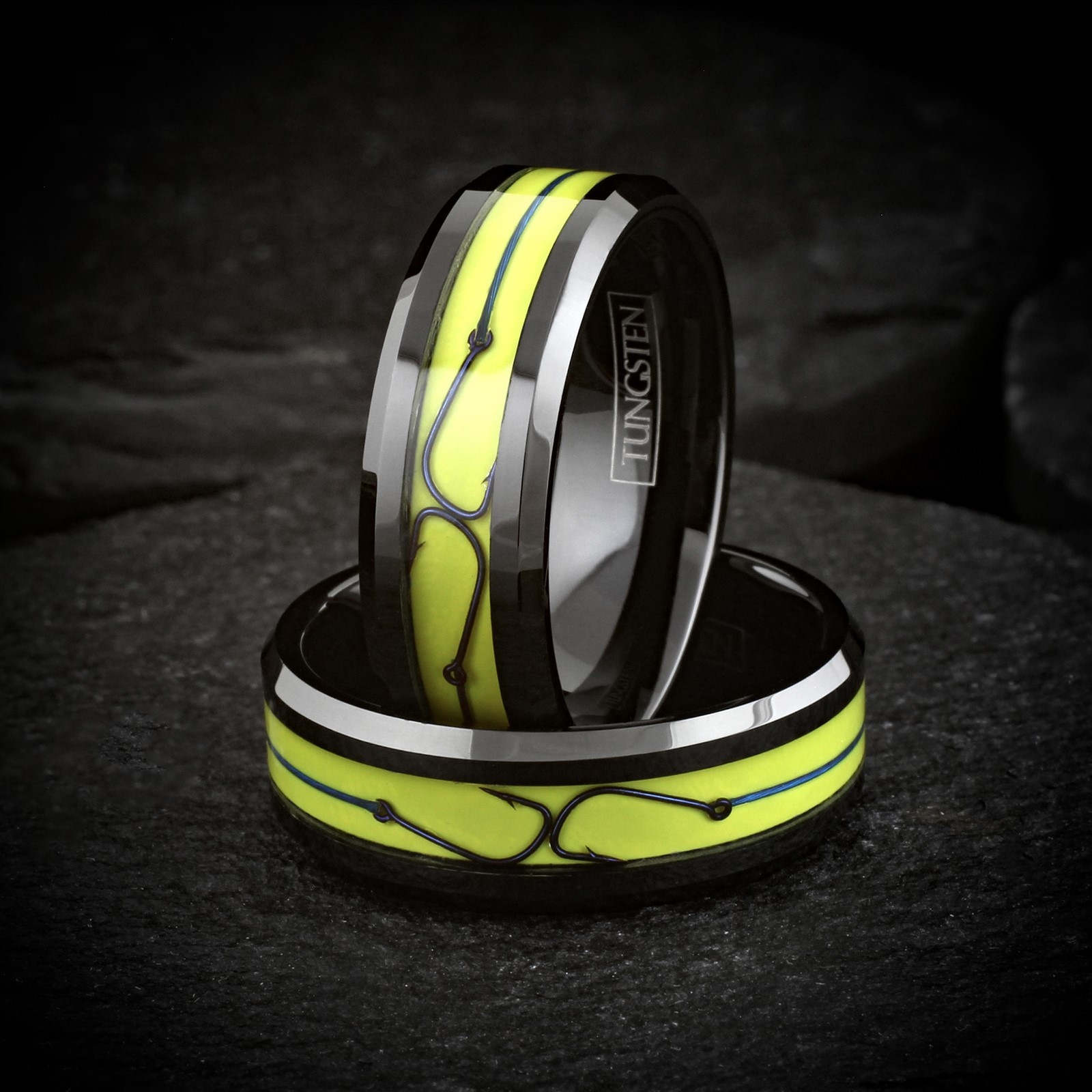 8mm Black Tungsten Yellow Enamel w/ Blue Fishing Line & Hook Wedding Band Ring