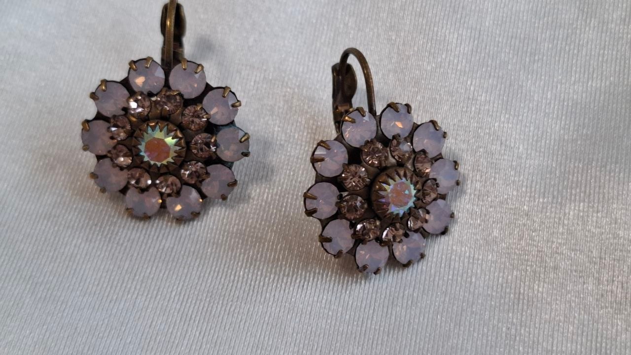 Vintage Liz Palacios San Francisco Antiqued Brass Swarovski Crystal Flower Earri