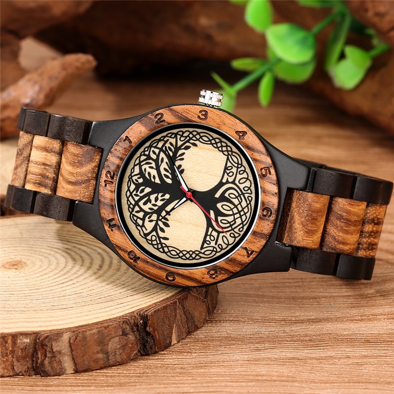 Two-Tone Brown Wooden Watch Men Women Full Wood Tree of Life Arabic Numeral Case