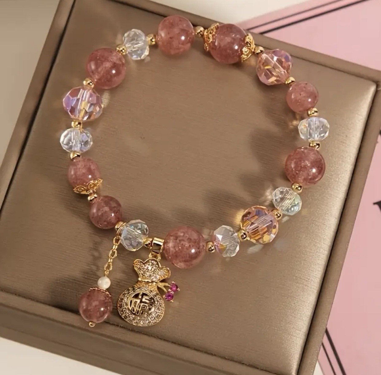 Fortune Bag Pendant Pink Beaded Bracelet # 0014 Velvet Box Included.