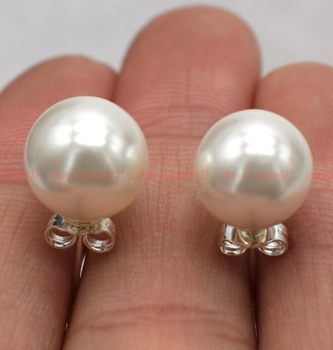 New 8/10/12/14/16/18/20mm White South Sea Shell Pearl 925 Silver Stud Earrings