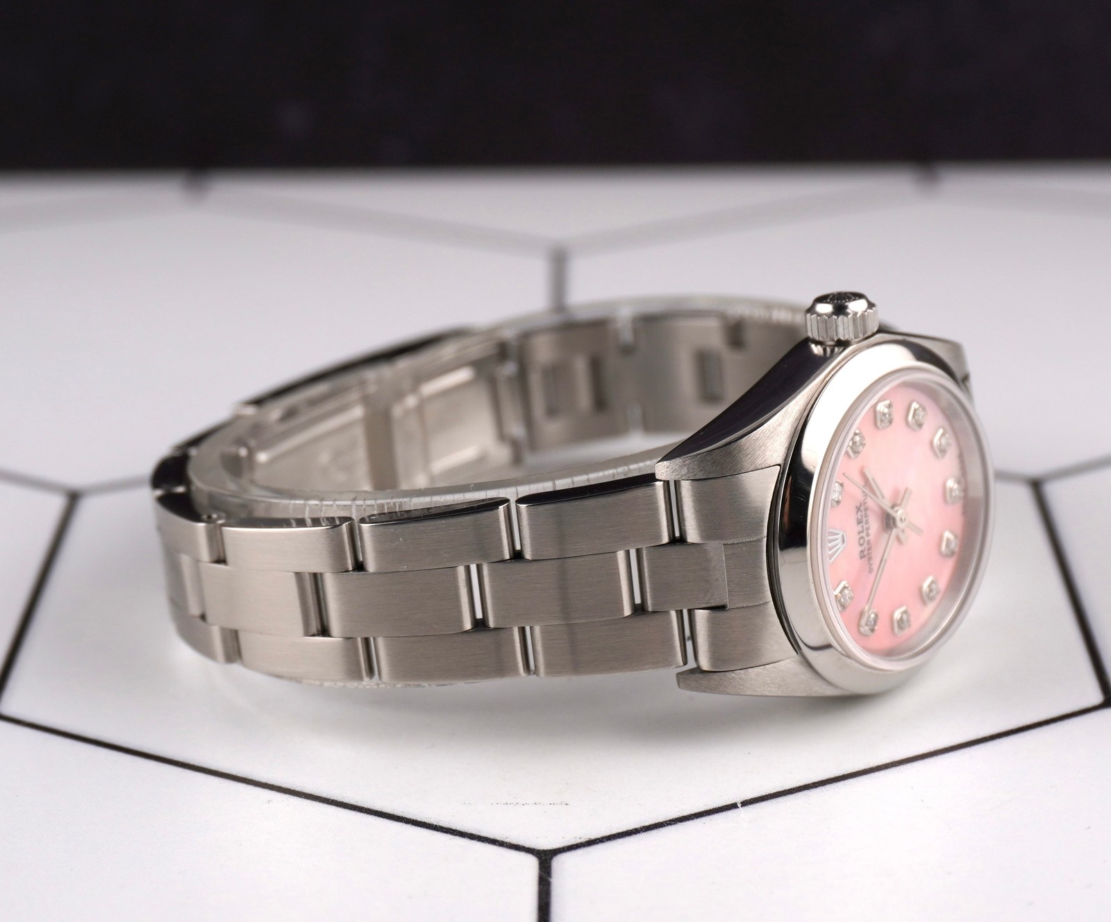 Rolex Oyster Perpetual 25mm Steel Pink MOP Diamond Smooth Oyster Watch 67180