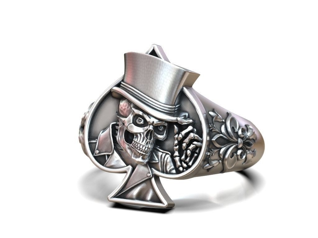 Oxidized Men’s Skull Playing Card Spades Hat 925 Sterling Silver Statement Rings