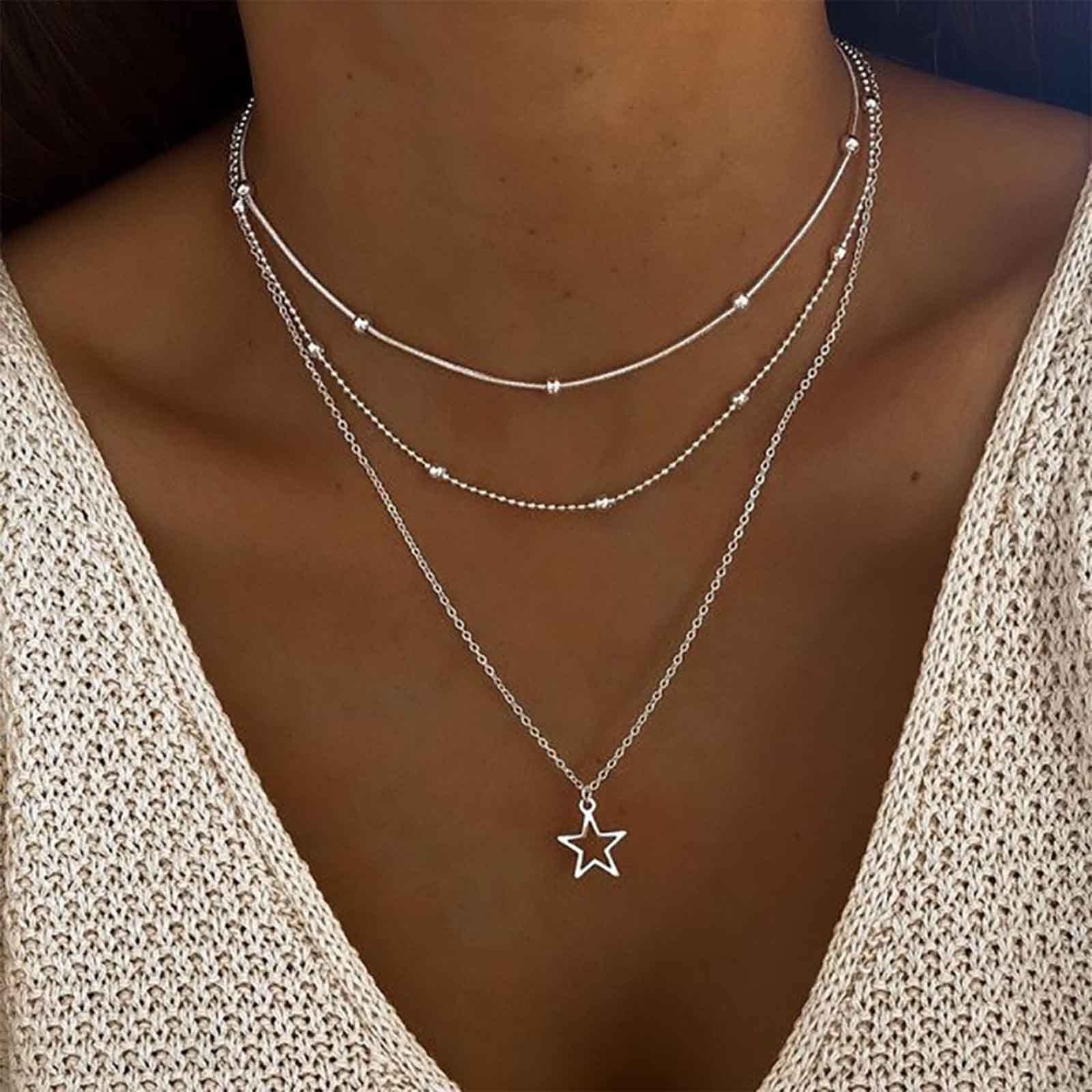 Boho Layered Star Necklace Choker – Silver Pendant, Beads Satellite Chain, Vinta
