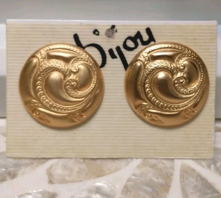Vtg Earrings 80’s ART DECO/NOUVEAU CLASSY Swirled BRUSH Matte GOLDTONE RARE Clip