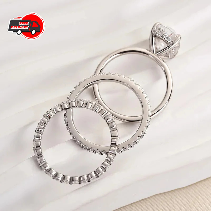 ONE SET 3 PCS Women 18k Gold Plated Sparkling CZ Oval Band Ring Engagement