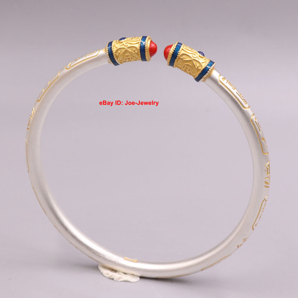 Pure Fine Silver S999 Women’s Open Bangle Fit Wrist 2.36inch Golden Lucky Words