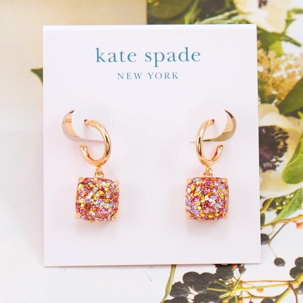 NWT Kate Spade Mini Square Glitter Huggies Earrings $38 Rose Pink Rose Gold