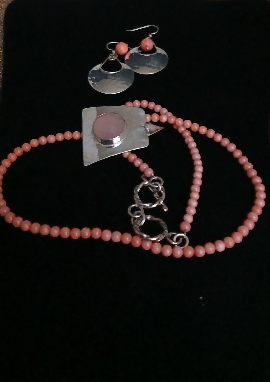 HSN DDD Geometric Pendant & Earrings- Coral Beaded Necklace Set 925