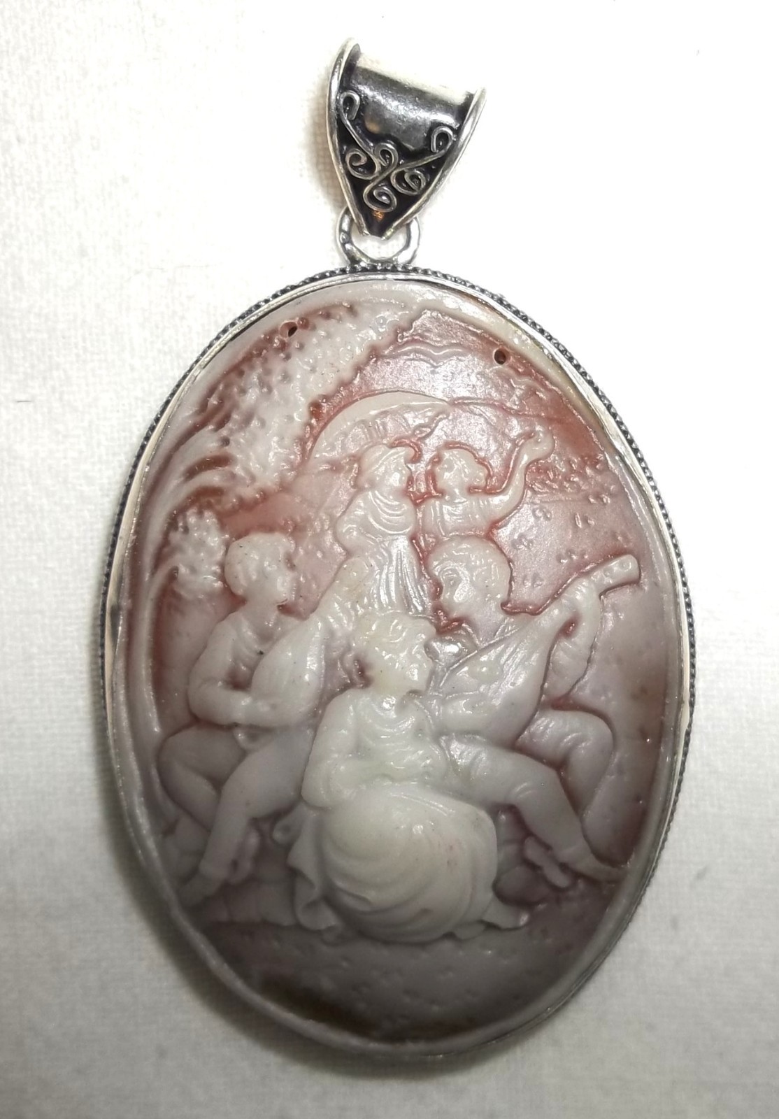Vtg STERLING SHELL CAMEO GROUP OF PEOPLE 2 MEN MUSICIANS,3WOMEN Big PENDANT 30.0