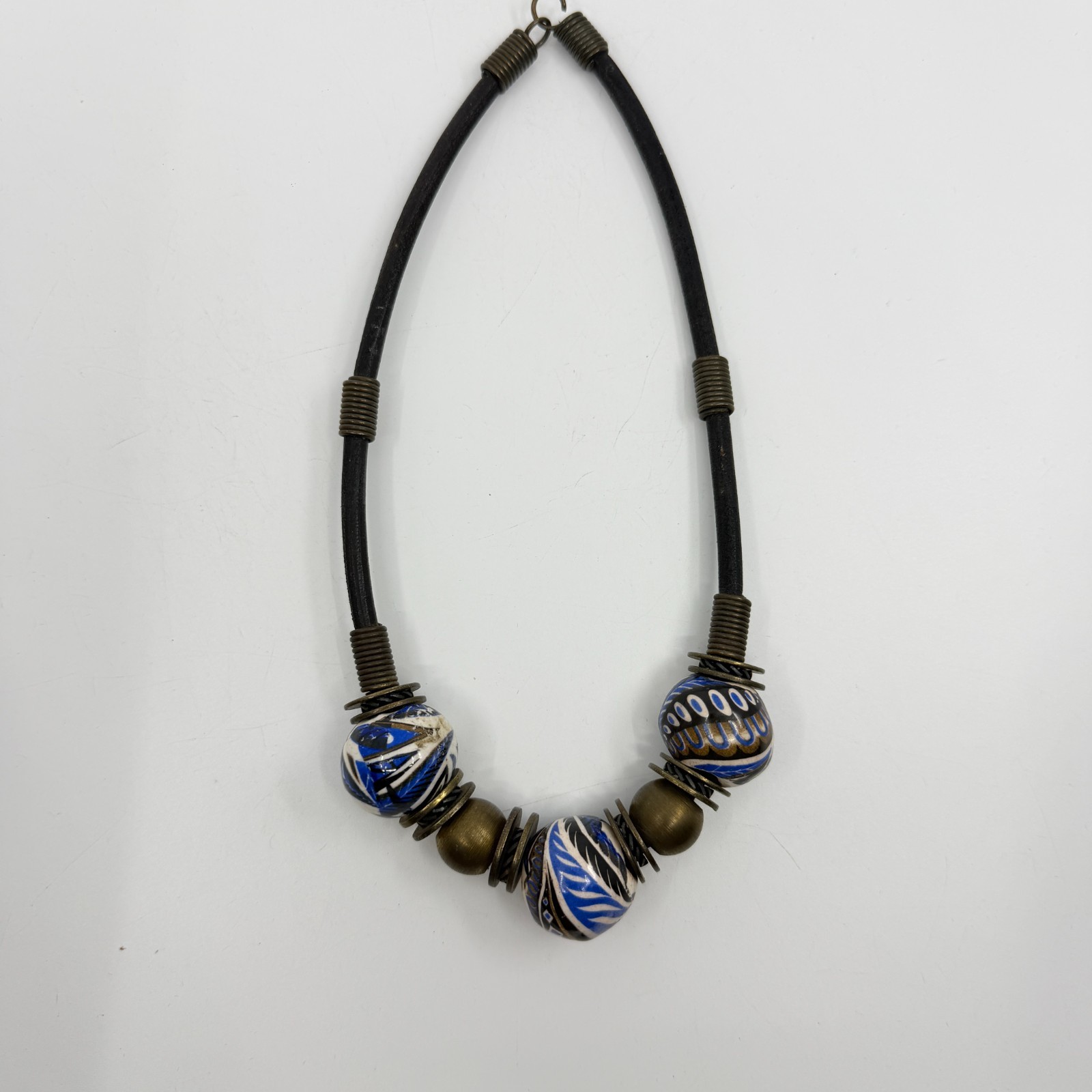 Boho Statement Necklace Blue White Ceramic Beads Leather Cord Artisan