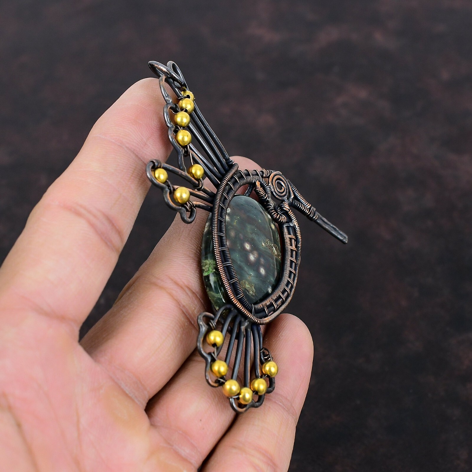 Ocean Jasper Copper Gift For Briedsmaid Wire Wrapped Bird Pendant 3.74″