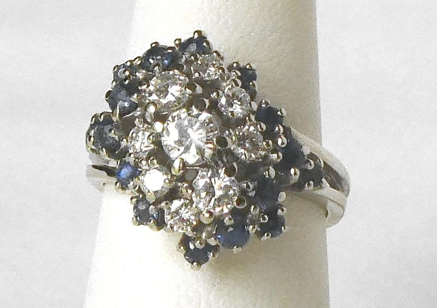 Vintage 14k White Gold 1.50 ctw Diamond Sapphire Waterfall Cluster Cocktail Ring
