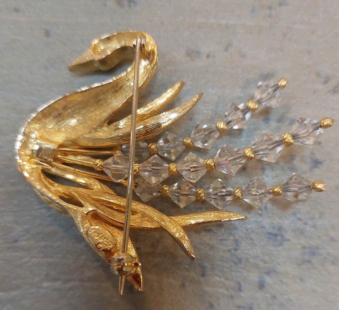 Kramer Bird Swan Crystal Beads Vintage Brooch Signed