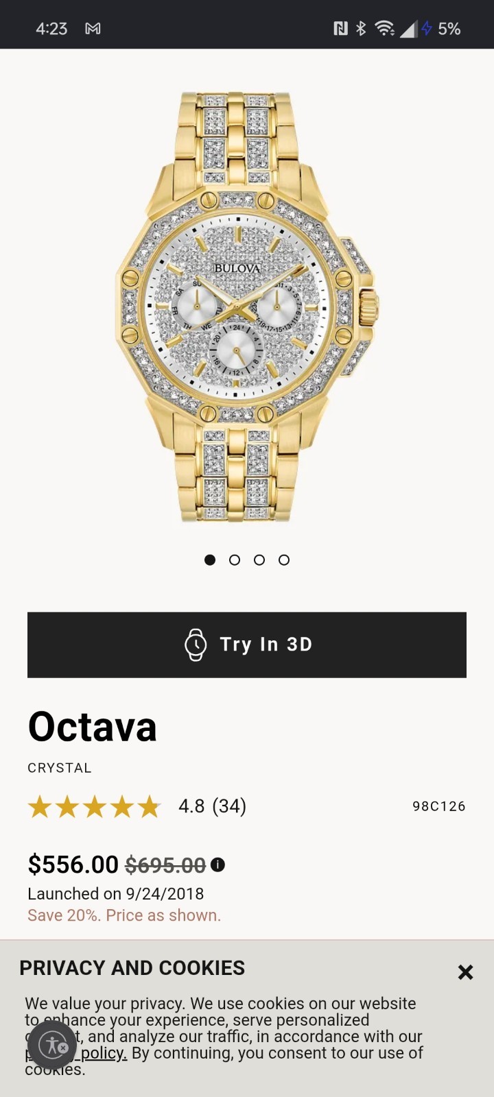 Bulova Octava Quartz Crystal Accent Gold Tone Men’s Watch