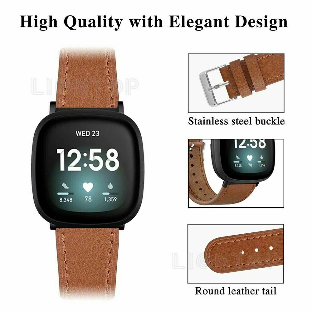 US For Fitbit Versa 3 / Sense Genuine Leather Watch Band Wrist Strap Metal Clasp