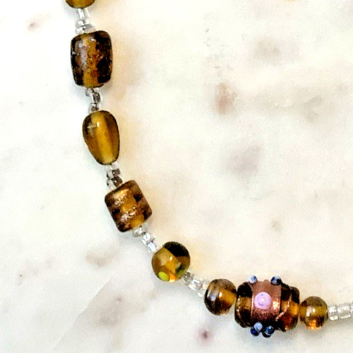Vintage Wedding Cake Bead Necklace Gold Hand Blown Foil Glass Italy Lampwork