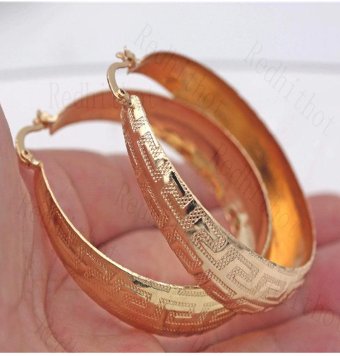 NEW LARGE GREEK KEY ROUND HOOP EARRINGS YELLOW GOLD PLATED LIGHT WEIGHT