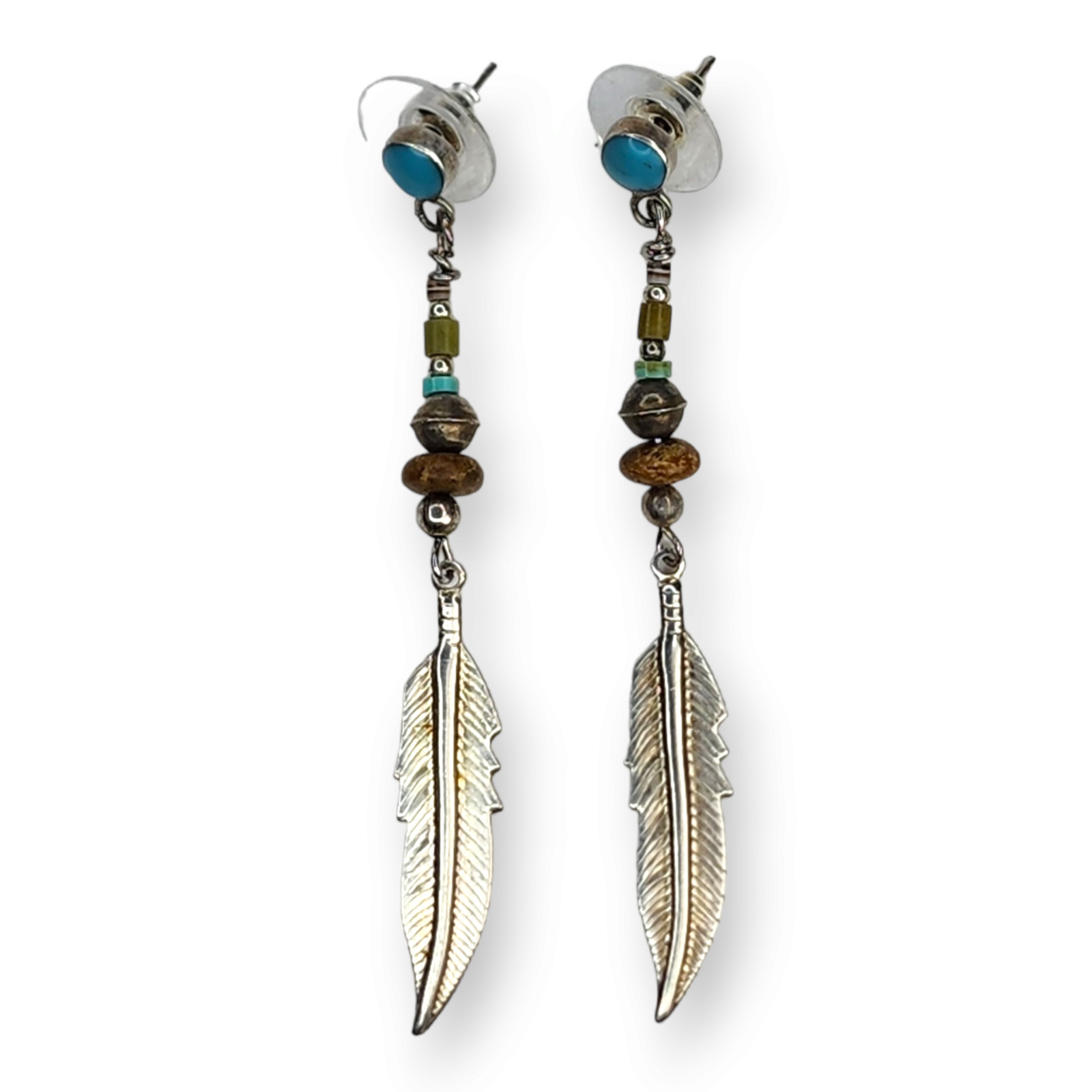 Vintage Sterling Silver 925 Turquoise Feather Stone Post Earrings